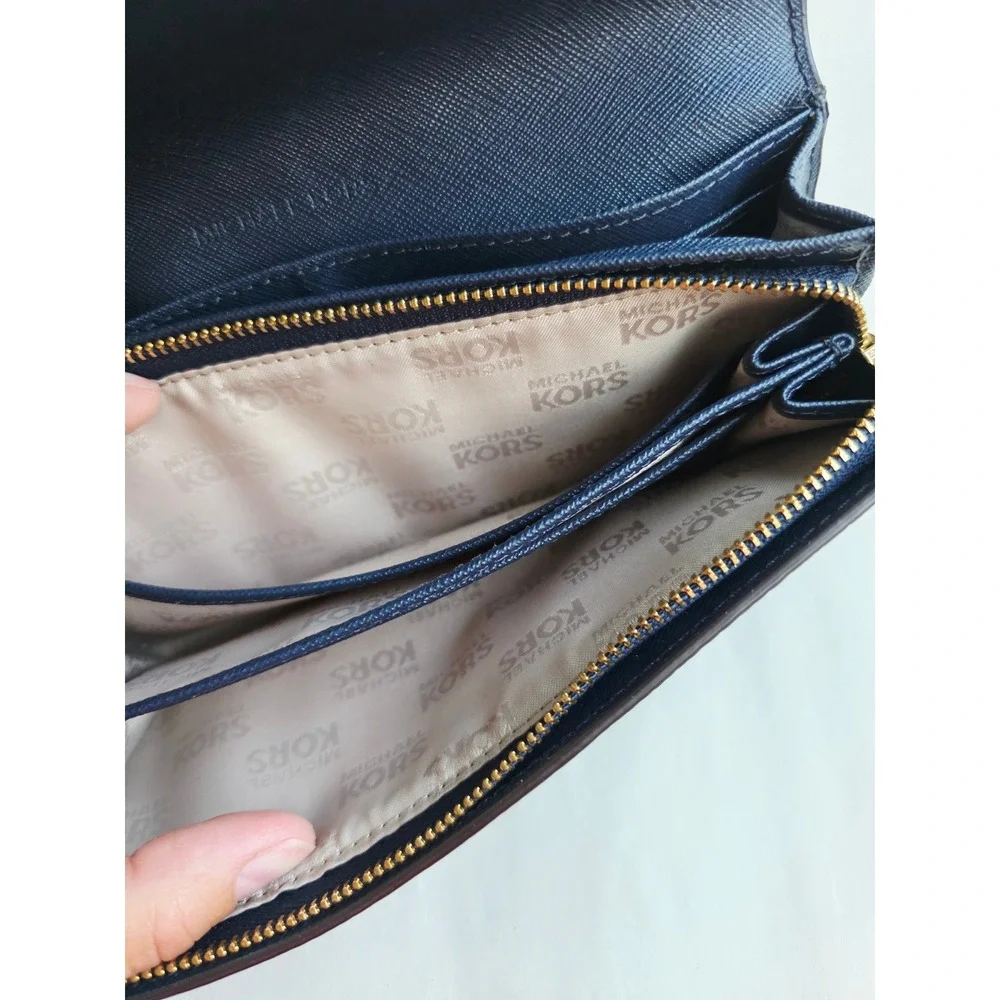 Michael Kors Navy Blue Pebbled Leather Jet Set Wallet 35T3GJSE7L Gold Hardware